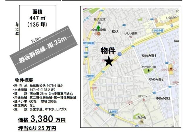 【埼玉県北葛飾郡松伏町】売地 松伏 447㎡(135.2坪) 3380万円