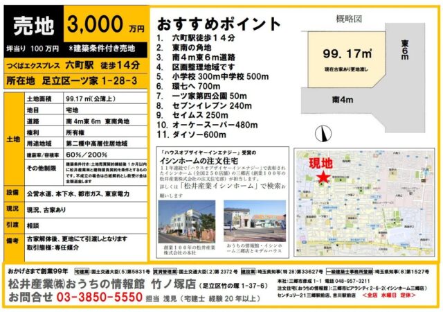 【成約御礼】売地 東京都足立区 売地 一ツ家 99.17㎡ 3000万円