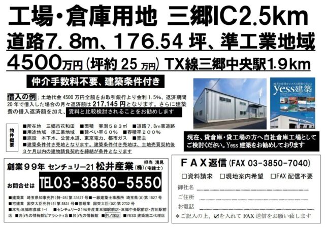 【成約御礼】売土地 埼玉県三郷市花和田 準工業地域 177.16坪 4500万円