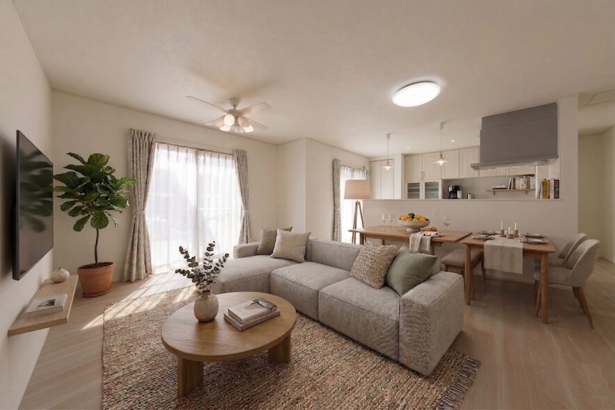 大きな掃き出し窓から陽光がたっぷり入るLDK。木のぬくもりを感じる家具と、空気を循環させるシーリングファンが、心地よい開放感を演出します。どこにいても家族の気配を感じられる、広々とした住まいの中心です。